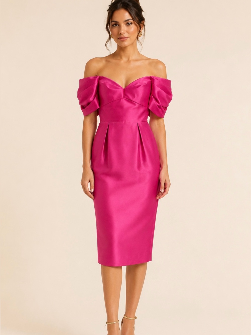 Theia Off-the-Shoulder Fuchsia Satin Cocktail Dress